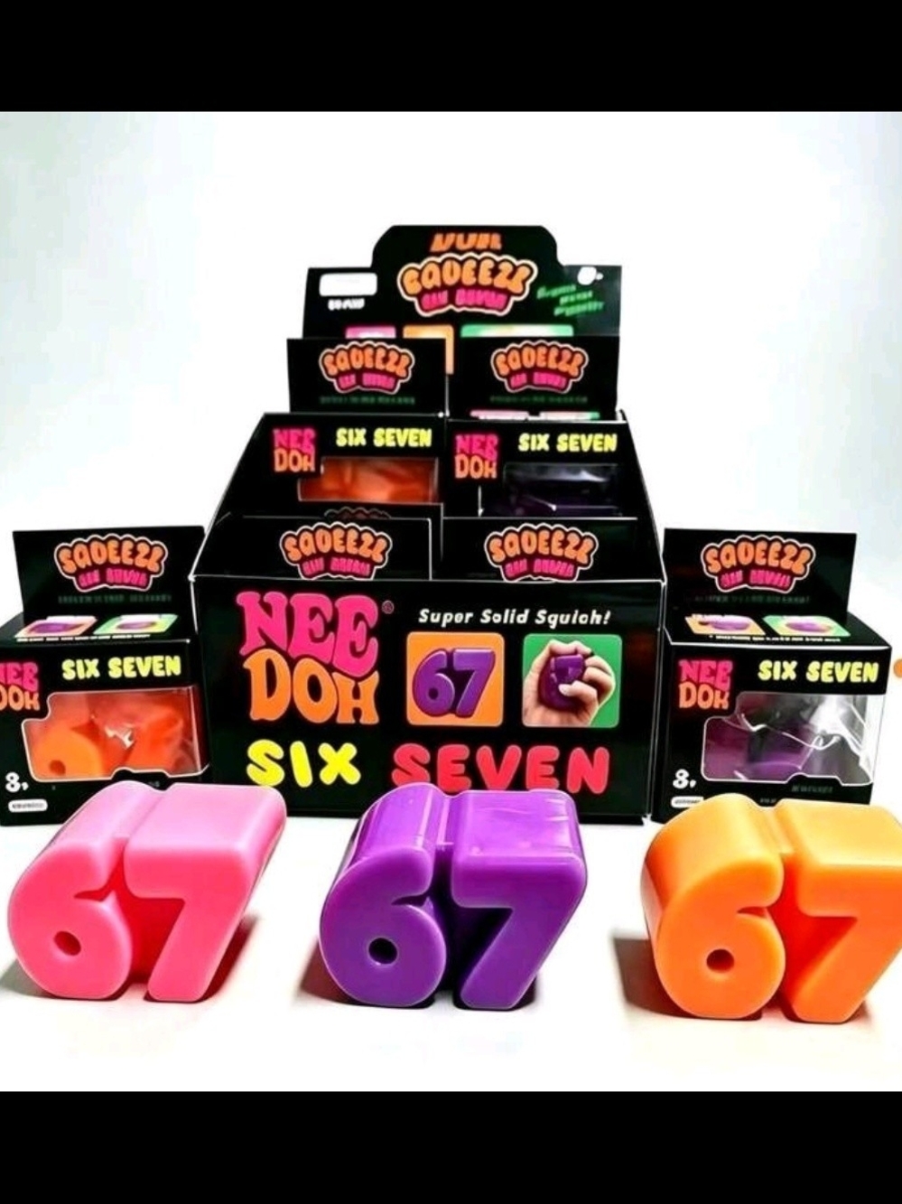 Needoh Schylling Six Seven 67 Squishy Stress Toy - Purple, Pink, Orange